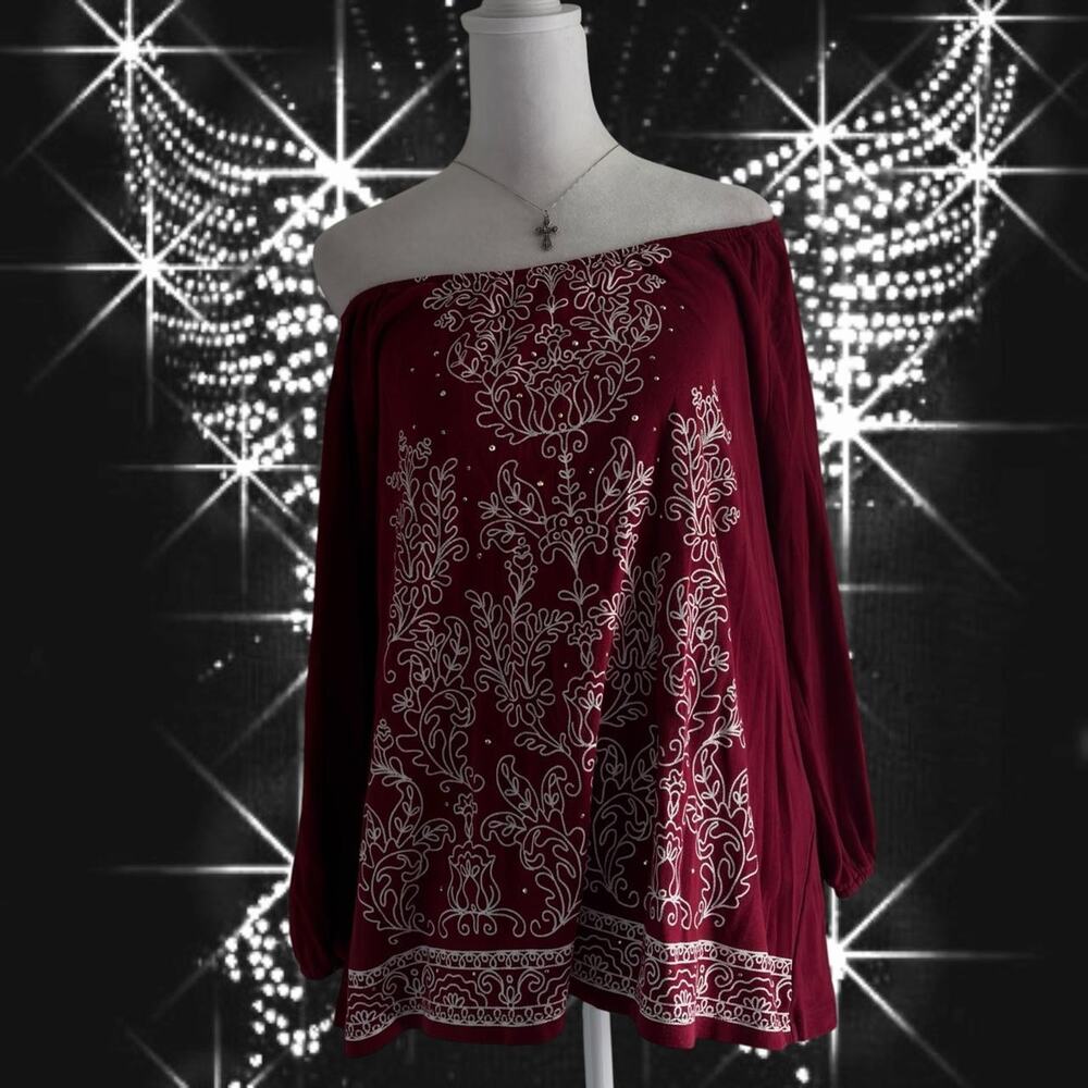dark blood red burgundy elastic neck baroque botanical boho fairy whimsigoth top